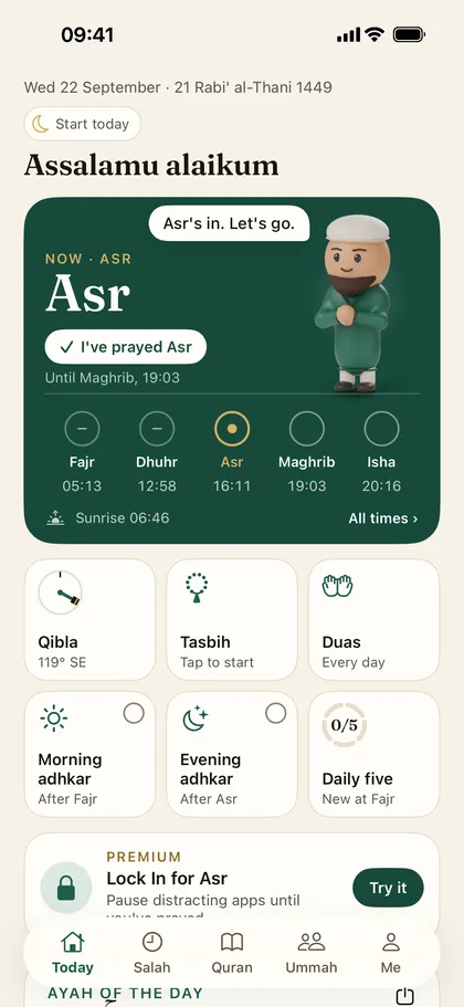 The Today screen at Asr: Now, Asr, a button I've prayed Asr, and Until Maghrib, 19:03. The companion has his hands folded and says Asr's in. Let's go.