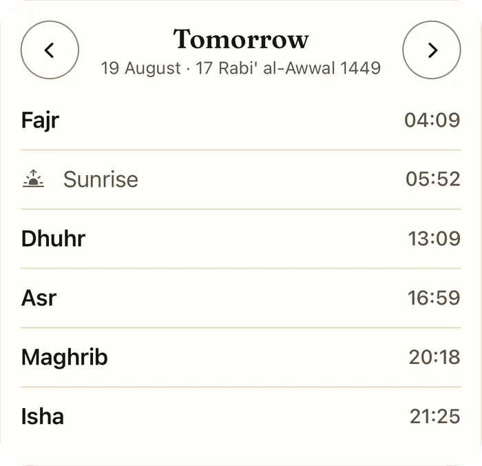 The day switcher showing Tomorrow with arrows either side and the times for Fajr, sunrise, Dhuhr, Asr, Maghrib and Isha.