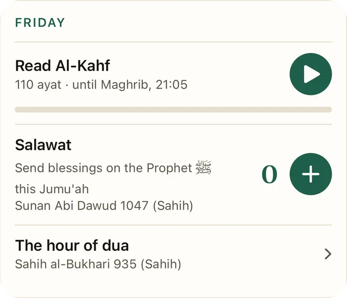 The Friday card: Read Al-Kahf with a play button, Salawat with a counter and the reference Sunan Abi Dawud 1047, and The hour of dua with the reference Sahih al-Bukhari 935.