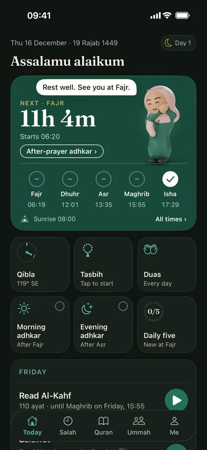 The Today screen at night in dark mode, counting down to Fajr, with Isha ticked and the sister companion dozing beside the words Rest well. See you at Fajr.