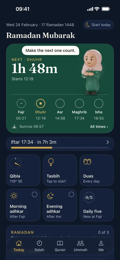 The Today screen in Ramadan, in deep blue, greeting Ramadan Mubarak. The sister companion says Make the next one count, and the iftar countdown sits under the prayer card.