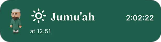Live Activity: Jumu'ah at 12:51, counting down 2:02:22, with the companion.